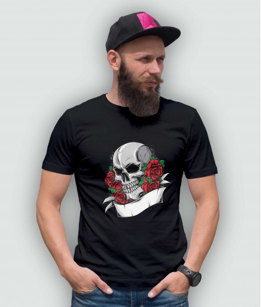 Мъжка тениска с щампа Готика Skull with roses